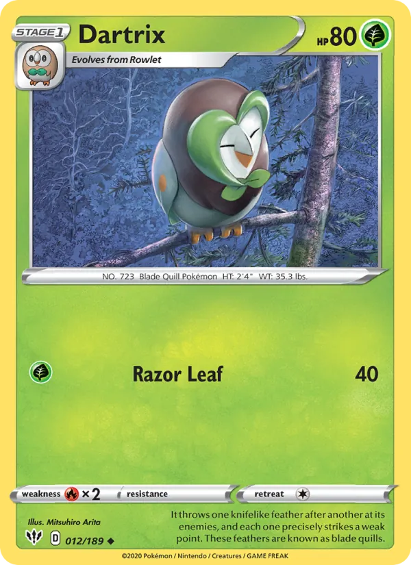 Dartrix Reverse Holo 012/189 Darkness Ablaze Pokémon Card