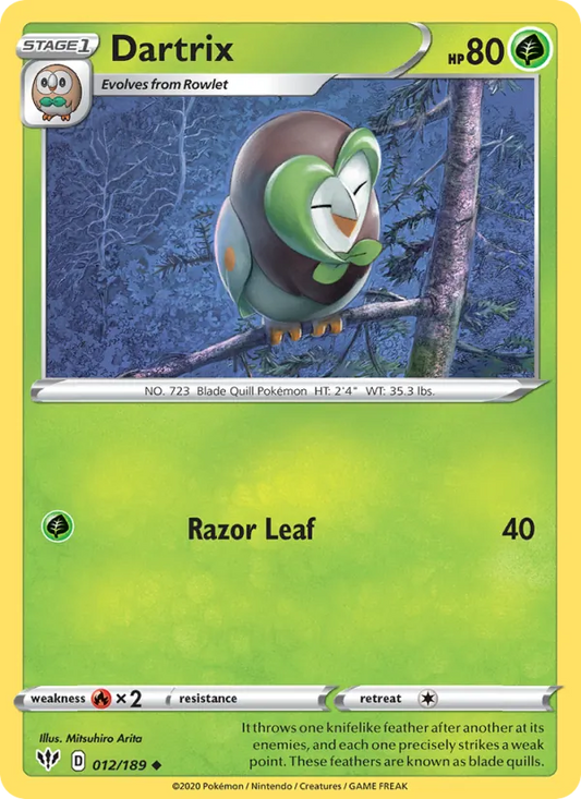 Dartrix Reverse Holo 012/189 Darkness Ablaze Pokémon Card