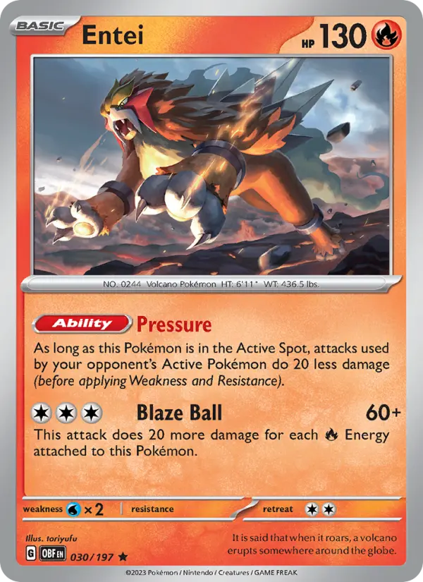 Entei Reverse Holo 030/197 Obsidian Flames Pokémon Card