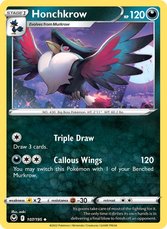 Honchkrow Reverse Holo 107/195 Silver Tempest Pokémon Card