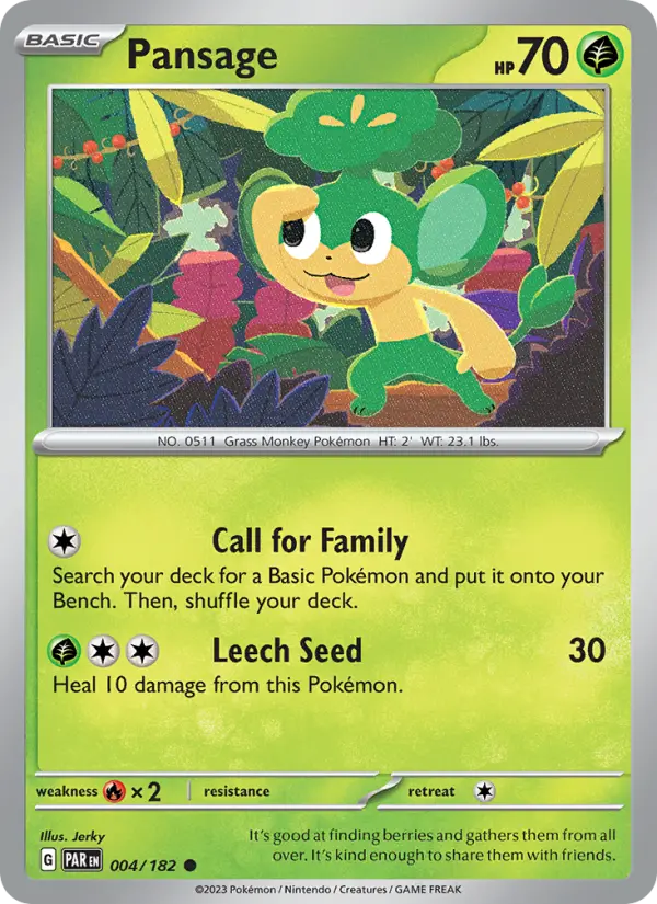 Pansage Reverse Holo 004/182 Paradox Rift Pokémon Card