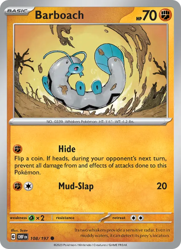 Barboach Reverse Holo 108/197 Obsidian Flames Pokémon Card