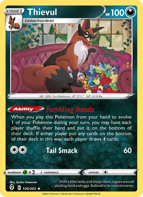 Thievul Reverse Holo 105/203 Evolving Skies Pokémon Card