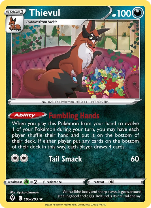 Thievul Reverse Holo 105/203 Evolving Skies Pokémon Card