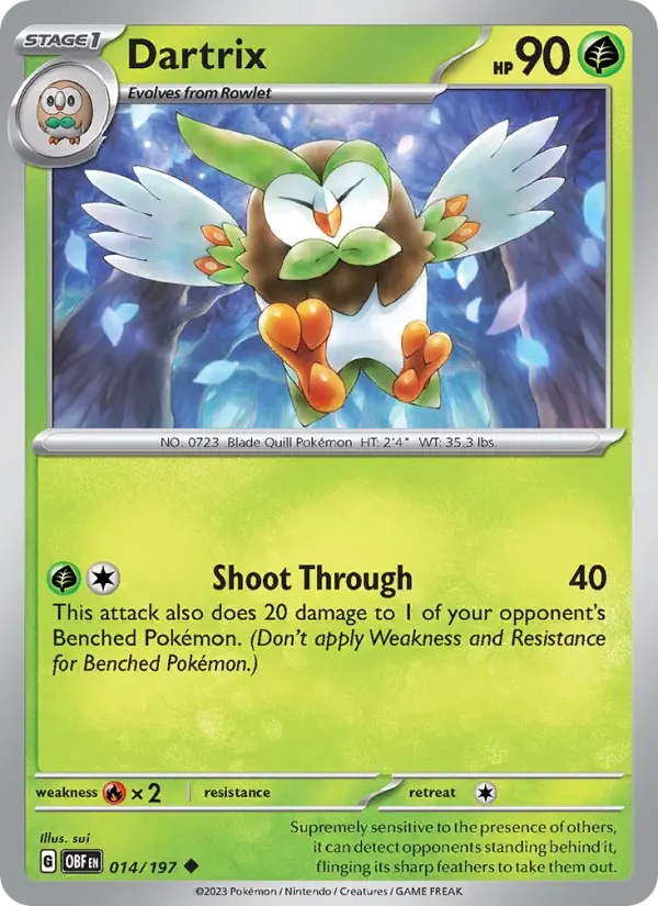 Dartrix Reverse Holo 014/197 Obsidian Flames Pokémon Card