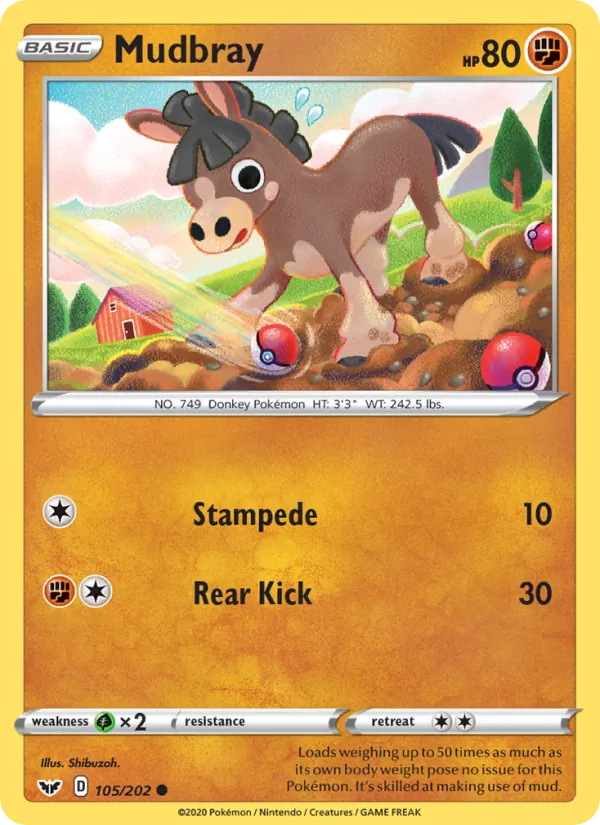 Mudbray Reverse Holo 105/202 Sword & Shield Pokémon Card