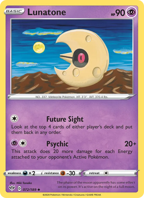 Lunatone Reverse Holo 072/189 Darkness Ablaze Pokémon Card