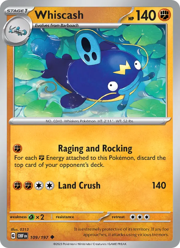 Whiscash Reverse Holo 109/197 Obsidian Flames Pokémon Card
