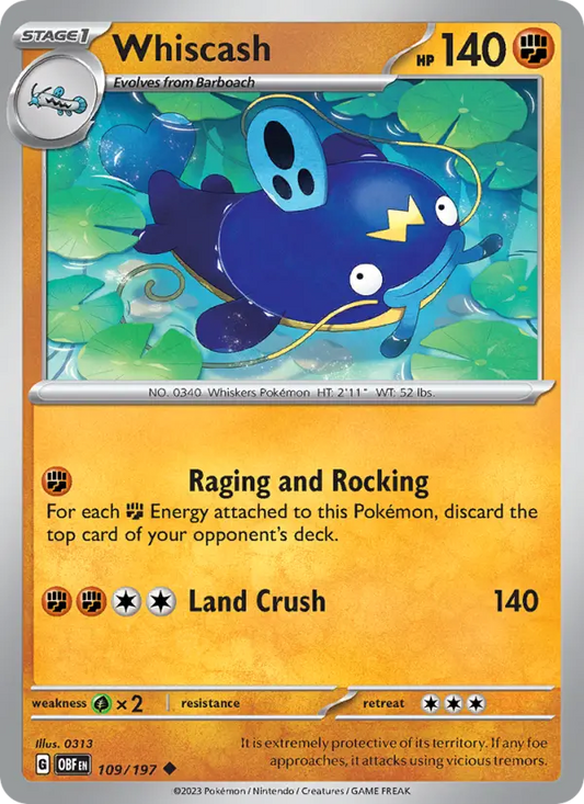 Whiscash Reverse Holo 109/197 Obsidian Flames Pokémon Card