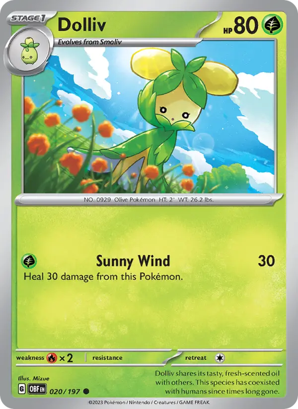 Dolliv Reverse Holo 020/197 Obsidian Flames Pokémon Card