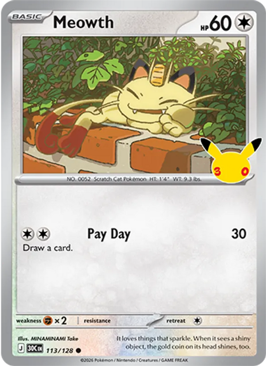 Meowth Normal 113/128 30th Celebration Pokémon Card