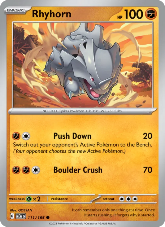 Rhyhorn Normal 111/165 151 Pokémon Card