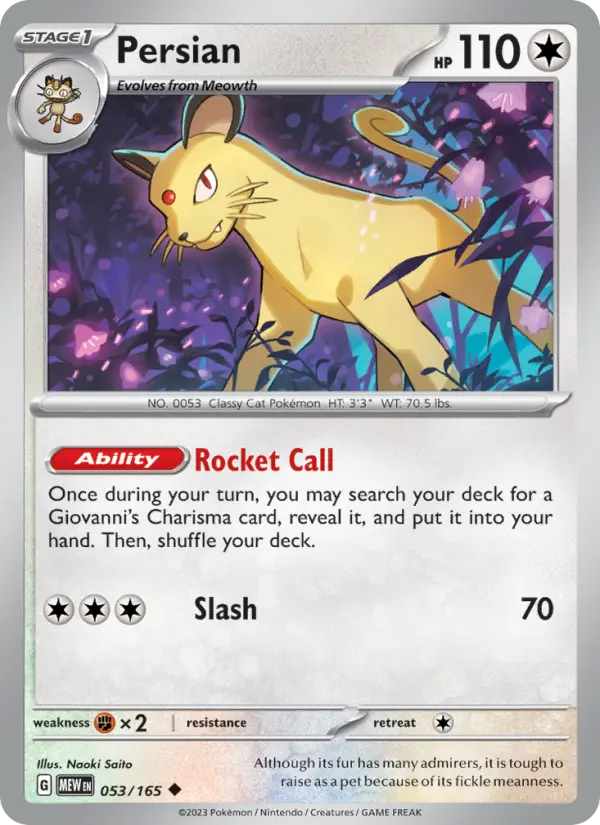 Persian Reverse Holo 053/165 151 Pokémon Card
