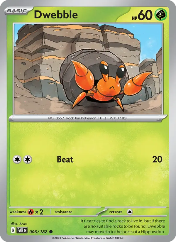 Dwebble Reverse Holo 006/182 Paradox Rift Pokémon Card