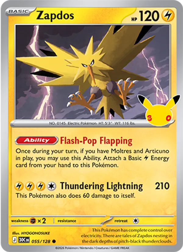 Zapdos Normal 055/128 30th Celebration Pokémon Card
