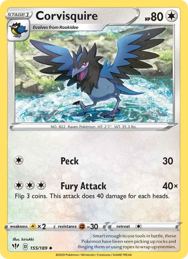 Corvisquire Reverse Holo 155/189 Darkness Ablaze Pokémon Card