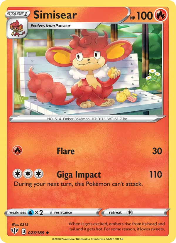 Simisear Reverse Holo 027/189 Darkness Ablaze Pokémon Card
