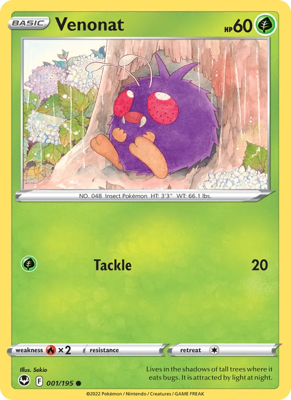 Venonat Reverse Holo 001/195 Silver Tempest Pokémon Card