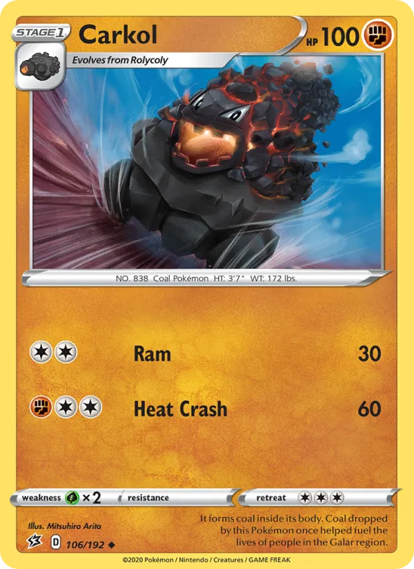 Carkol Reverse Holo 106/192 Rebel Clash Pokémon Card