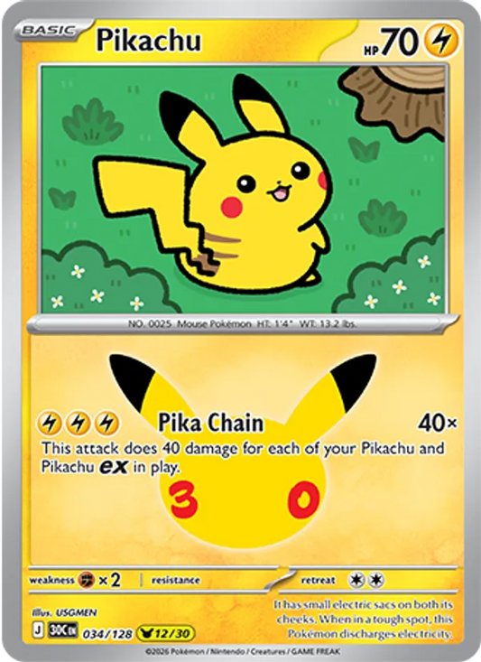 Pikachu Normal 034/128 30th Celebration Pokémon Card