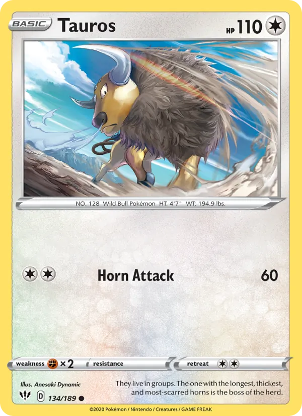 Tauros Reverse Holo 134/189 Darkness Ablaze Pokémon Card