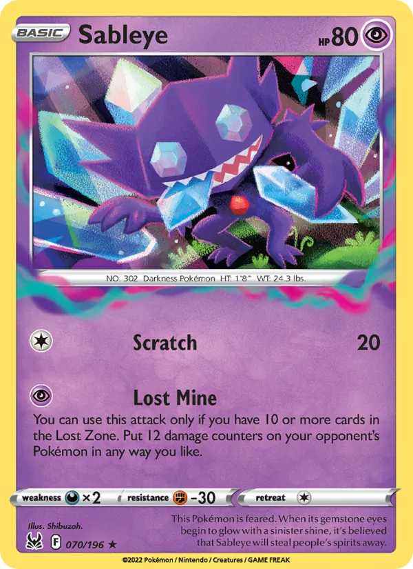 Sableye Reverse Holo 070/196 Lost Origin Pokémon Card