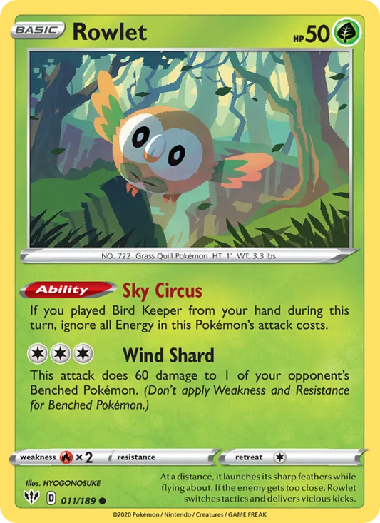 Rowlet Reverse Holo 011/189 Darkness Ablaze Pokémon Card