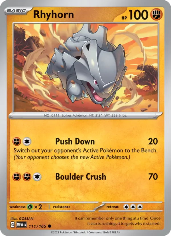 Rhyhorn Reverse Holo 111/165 151 Pokémon Card