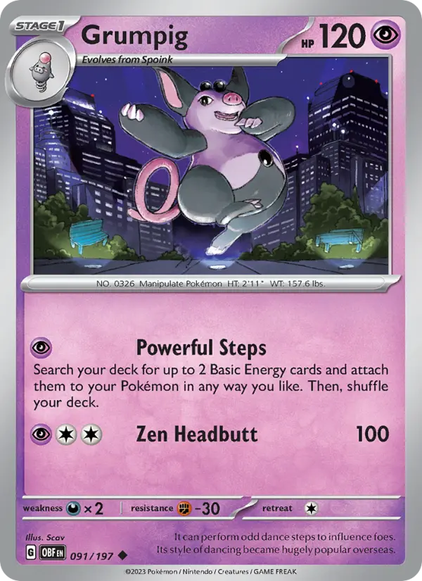 Grumpig Reverse Holo 091/197 Obsidian Flames Pokémon Card