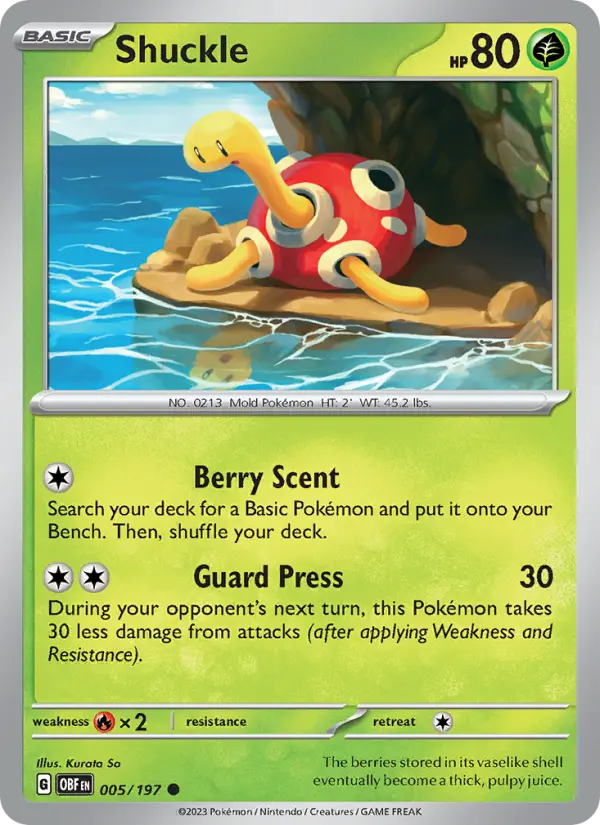 Shuckle Reverse Holo 005/197 Obsidian Flames Pokémon Card