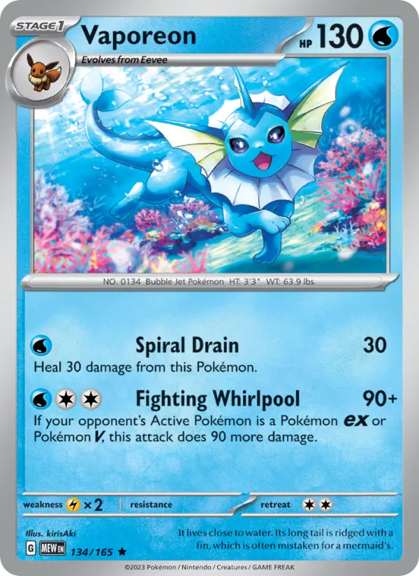 Vaporeon Reverse Holo 134/165 151 Pokémon Card
