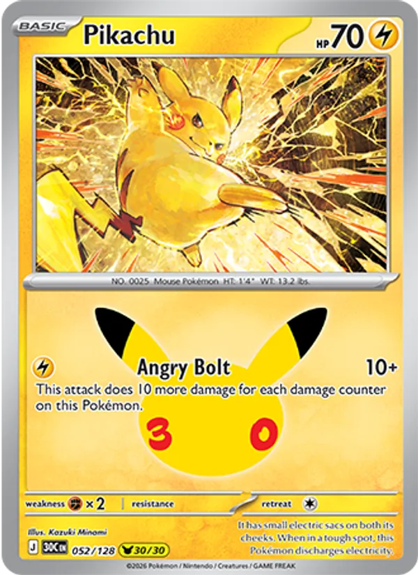 Pikachu Normal 052/128 30th Celebration Pokémon Card