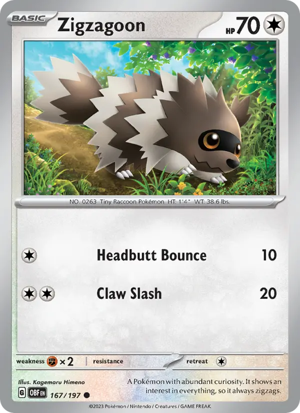 Zigzagoon Reverse Holo 167/197 Obsidian Flames Pokémon Card