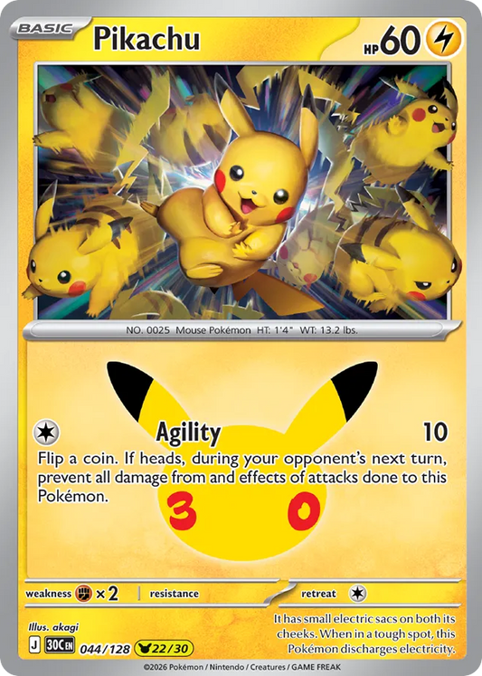 Pikachu Holofoil 044/128 30th Celebration Pokémon Card