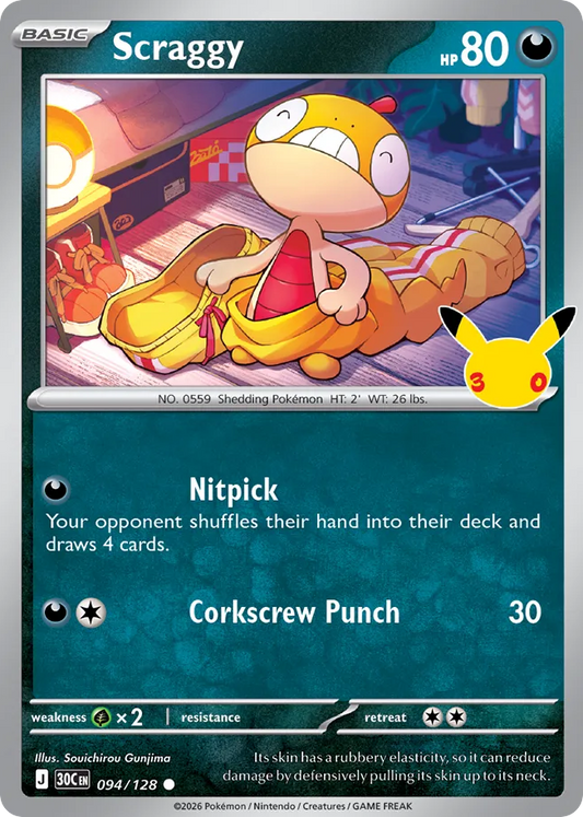 Scraggy Non-Holo 094/128 30th Celebration Pokémon Card