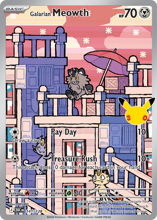 Galarian Meowth Holofoil 141/128 30th Celebration Pokémon Card