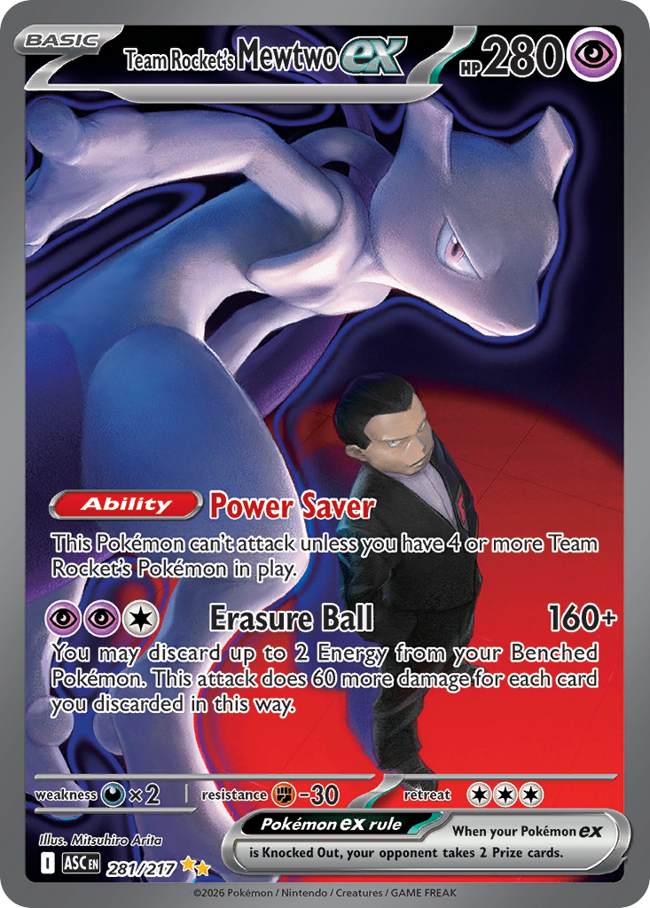 Team Rocket's Mewtwo ex Holofoil 281/217 Ascended Heroes Pokémon Card