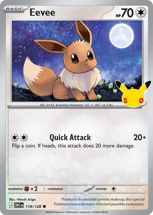 Eevee Non-Holo 118/128 30th Celebration Pokémon Card