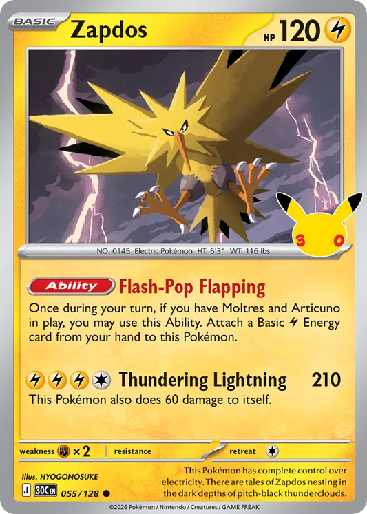 Zapdos Non-Holo 055/128 30th Celebration Pokémon Card