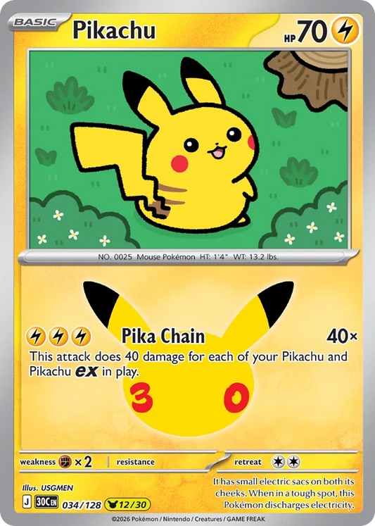 Pikachu Holofoil 034/128 30th Celebration Pokémon Card