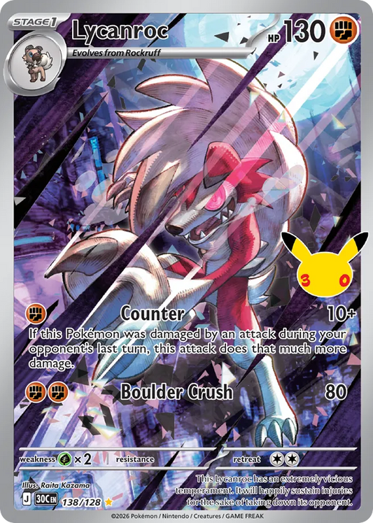 Lycanroc Holofoil 138/128 30th Celebration Pokémon Card