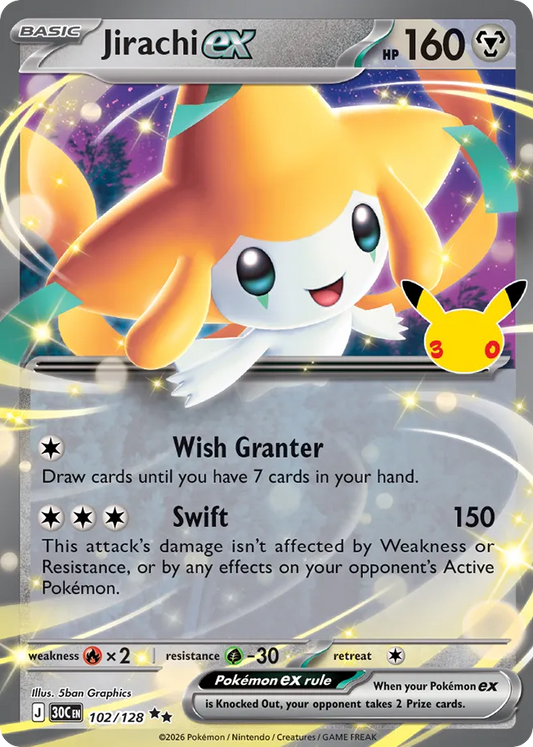 Jirachi ex Holofoil 102/128 30th Celebration Pokémon Card