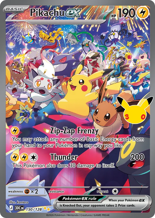 Pikachu ex Holofoil 150/128 30th Celebration Pokémon Card