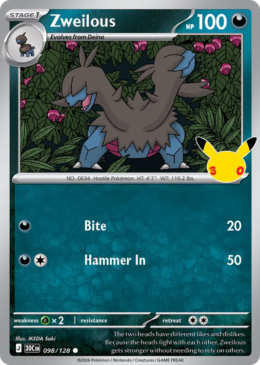 Zweilous Non-Holo 098/128 30th Celebration Pokémon Card