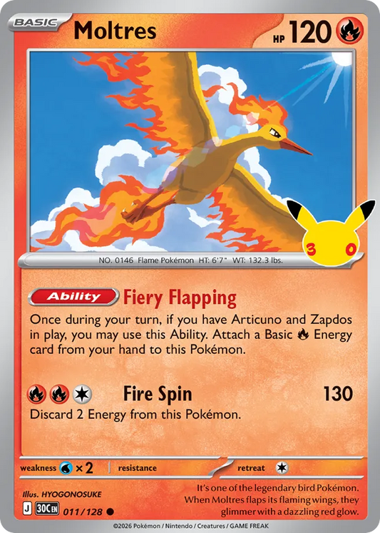Moltres Non-Holo 011/128 30th Celebration Pokémon Card
