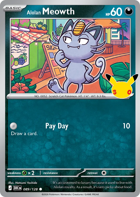 Alolan Meowth Non-Holo 089/128 30th Celebration Pokémon Card