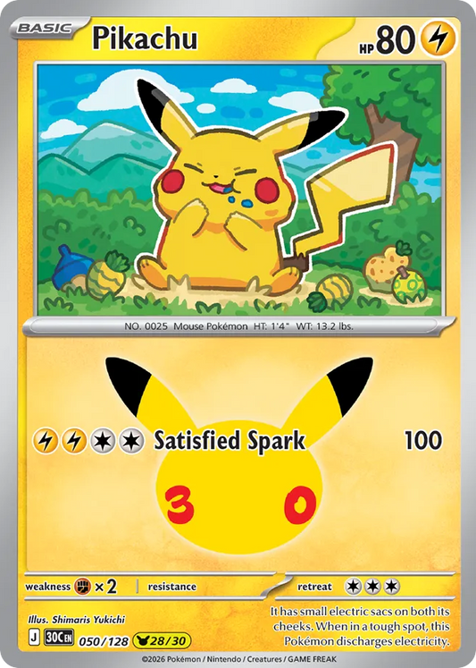 Pikachu Holofoil 050/128 30th Celebration Pokémon Card