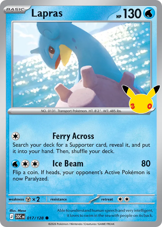 Lapras Non-Holo 017/128 30th Celebration Pokémon Card