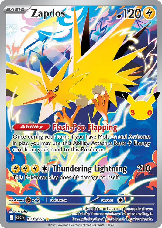 Zapdos Holofoil 133/128 30th Celebration Pokémon Card