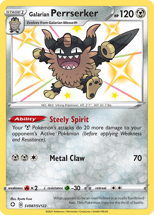 Galarian Perrserker Holo 087/122 Shining Fates Shiny Vault Pokémon Card